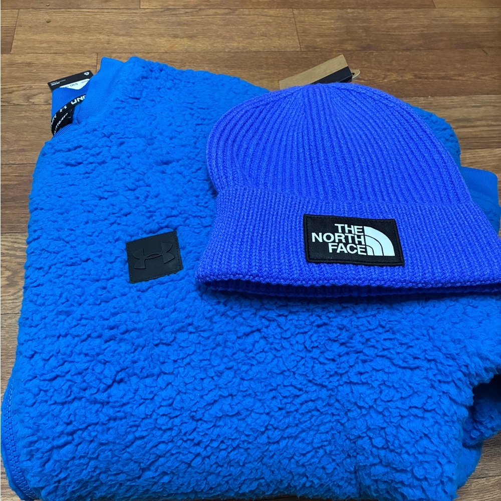 Men’s Under Armour Royal Blue Fleece Jacket Sz 2XL and The North Face Beanie NWT